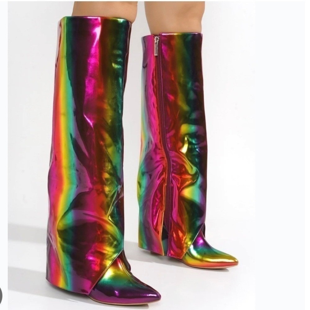 Cape Robbin Resara Rainbow Metallic Fold Over Wedge Boots Multi Color 6.5
